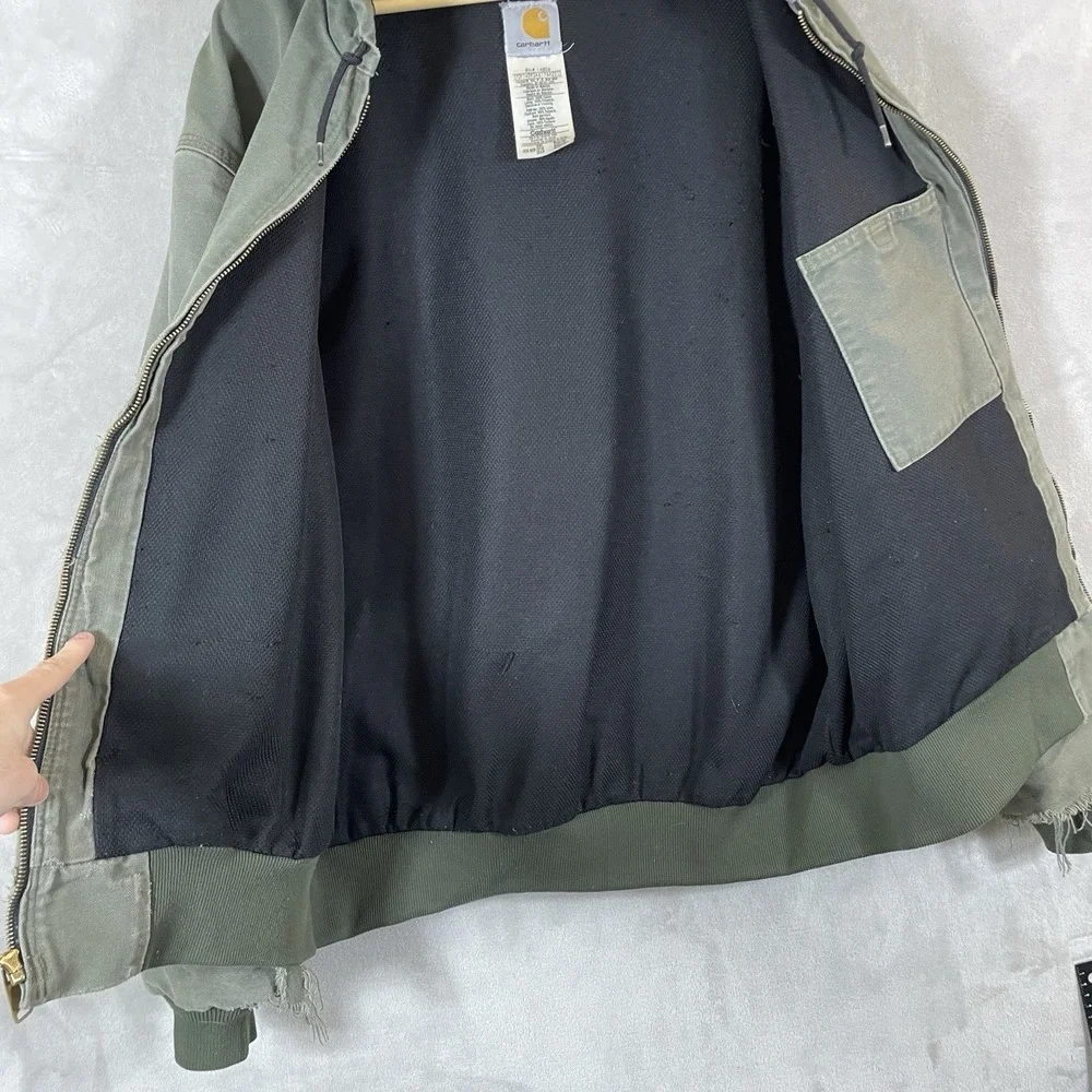 Vtg Carhartt Hooded Active Jacket Mens 2XL J208 MOS Green Distressed Sun Faded